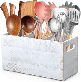 Rustic White Utensil Holder with Removable Divider - 3 Compartment Wooden Utensil Caddy Organizer for Kitchen Counter - Cooking Utensil Crock for